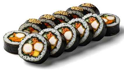 Sushi Rolls with Various Fillings and Toppings Displayed on a White Surface