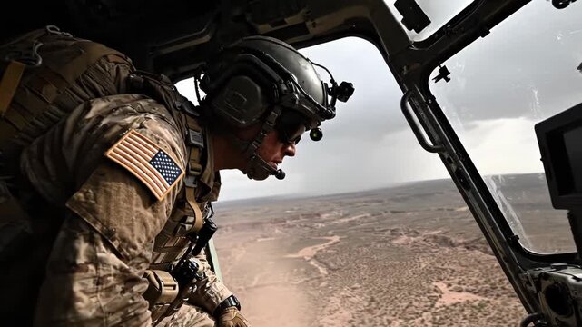 Soldier in military uniform with american flag patch leans out of helicopter door overlooking arid canyon landscape below