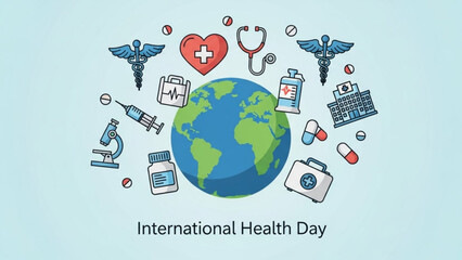 International health day, global health awareness, medical symbols around the earth, healthcare icons, wellness concept, medical care worldwide, health symbols
