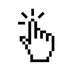 Pixel hand cursor clicking digital button icon representing interactive computer pointer concept on transparent background ideal for web design and user interface graphic illustration
