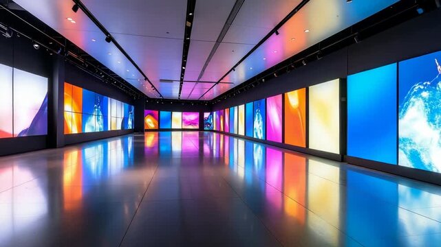 Hallway with numerous large digital screens displaying colorful abstract visuals on a polished floor, creating vibrant reflections.