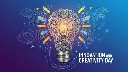 Innovative creative idea light bulb with gears and cogs on blue background for business innovation and creativity day with inspiration and concept