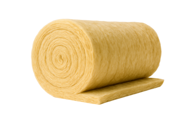 Yellow glass wool thermal insulation material roll for building construction and energy efficiency in home renovation projects to improve heat retention isolated on transparent background