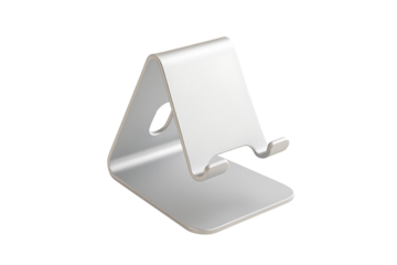Elegant silver aluminum phone and tablet stand isolated on white background representing modern minimalist home office accessory for productivity support and ergonomic workspace setup