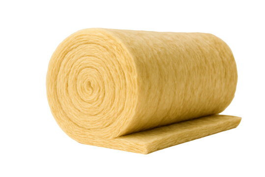 Yellow glass wool thermal insulation material roll for building construction and energy efficiency in home renovation projects to improve heat retention isolated on transparent background