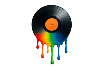 Melting vinyl music record dripping with rainbow paint representing creativity art retro nostalgia and colorful music culture concept on black background with dripping paint effect