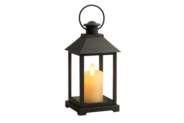 Black metal lantern with glowing candle light on dark background representing warm ambiance cozy atmosphere traditional decor and vintage illumination for home or outdoor lighting