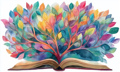 Watercolor painting captures the magic of an open book with pages turning, surrounded by a burst of vibrant leaves and color in nature