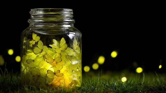 Glowing fireflies in a jar against a dark background with green grass