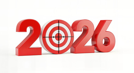 2026 Red 3D Numbers with Target and Arrow - Business Goal Planning, New Year Resolution Concept

