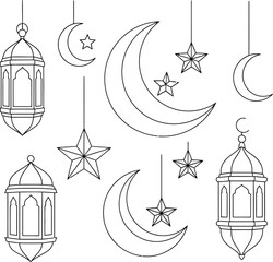 Celebrating Ramadan Kareem with Hanging Lanterns, Stars, and Moons in a Festive Night Scene