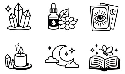 Hand drawn line art mystical elements set featuring crystals, essential oil, tarot cards, candle, moon, and open book for spiritual and wellness themes