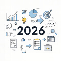 2026 Business Planning Line Art with Icons - Strategy, Goals, Analytics and Tech Outline Illustration

