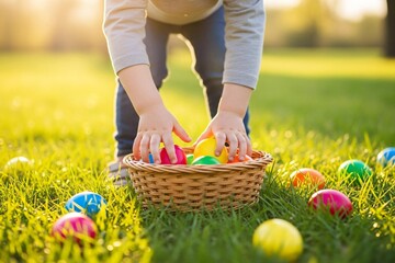 Child picking up colorful Easter eggs in a basket outdoors