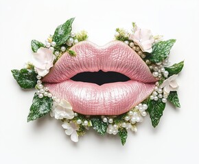 Surreal lips adorned with pearls and delicate greenery create an enchanting floral experience