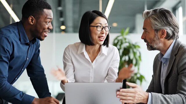 Three diverse business colleagues, two men and one woman, intently gathered around a laptop screen in a modern office setting, pointing and discussing
