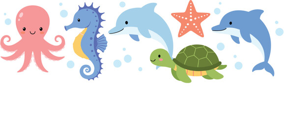 Cute Sea Animal Characters Set with Octopus Seahorse Dolphins Turtle and Starfish in Soft Flat Vector Illustration Style © MdMojnu
