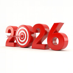 2026 Red 3D Numbers with Target and Arrow - Business Goal Planning, New Year Resolution Concept

