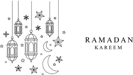 Celebrating Ramadan Kareem with Hanging Lanterns and Islamic Symbols in a Serene Night Scene Illustration
