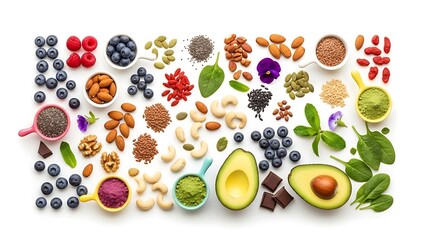 Variety of Colorful Superfoods and Healthy Eating Ingredients Arrangement