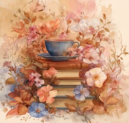 Stack of vintage books with a delicate tea cup surrounded by blooming flowers in a cozy corner