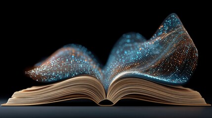 Holographic Data Streams Emerging from an Open Book Illustrating Turning Pages and Digital Information Flow in a Modern Context