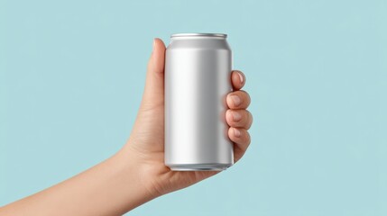 Woman's Hand Gripping a Plain Beverage Can Against a Light Blue Background for Mockup and Design Purposes