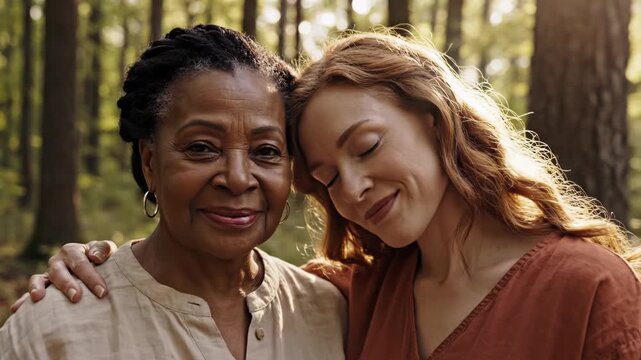Two women of different generations smiling affectionately while embracing in a sunlit forest setting, showing a strong bond