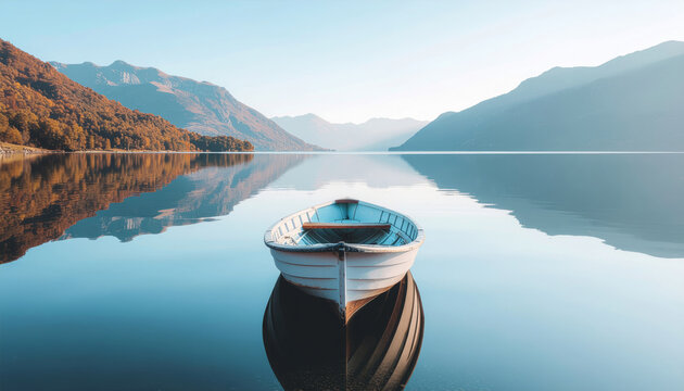 Landscape white wooden rowboat floating on a tranquil lake surrounded by majestic mountains