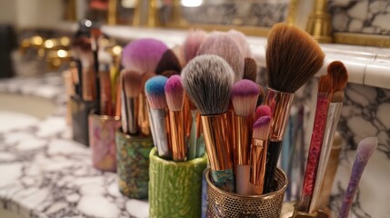 A collection of colorful makeup brushes neatly arranged in decorative holders on a marble countertop, showcasing an elegant vanity setup.