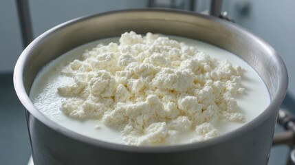 Fresh Cheese Curds in a Steel Tank Surrounded by Milk Liquid in an Industrial Setting