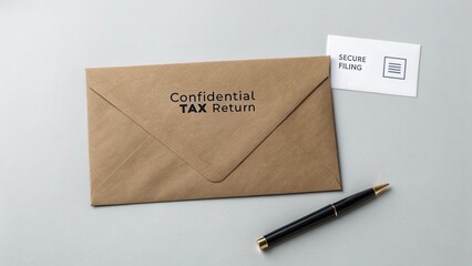 Brown Envelope with Confidential Tax Return and Secure Filing Card on Light Gray Background