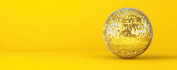 A sparkling disco ball sits against a vibrant yellow background, reflecting light and creating a festive atmosphere.
