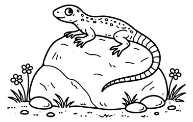 Obraz premium Hand drawn line art illustration of a lizard depicting it perched on a rock for nature exploration and coloring