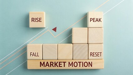 Market Motion Concept with Wooden Blocks Illustrating Rise, Peak, Fall, and Reset of Financial Trends