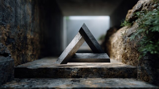 A photograph of an impossible Penrose triangle made of concrete, placed on the ground between a crumbling stone wall and a cliff. A passageway with natural light is visible behind it.
