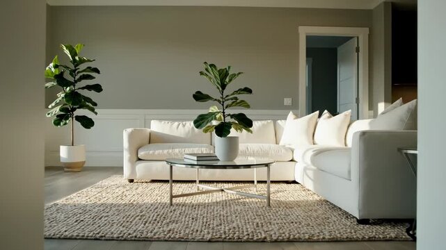 View through a doorway into a bright, modern living room featuring a white sectional sofa, glass coffee table, and fiddle leaf fig plant