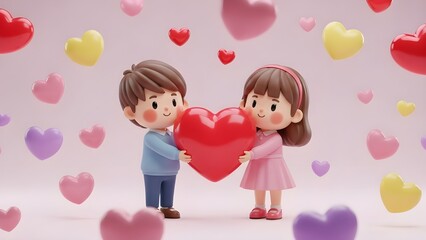 Cute 3D Illustration of Children Holding a Heart Surrounded by Floating Hearts