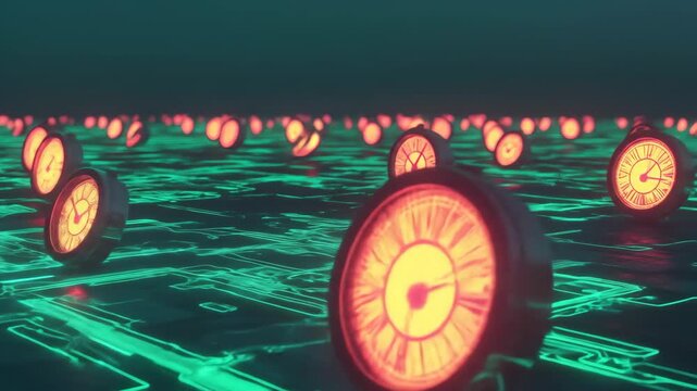 Abstract digital clocks floating in cyberspace illustration design
