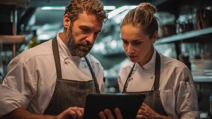 Culinary Collaboration: A close-up shot of two chefs intently focused on a tablet within a commercial kitchen, engaged in culinary teamwork. 