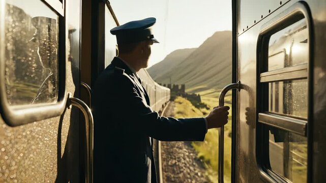 Conductor stands on moving train watching mountains. Train conductor holds rail during journey through landscape. Conductor views mountain scenery from train. Railway journey with conductor watching