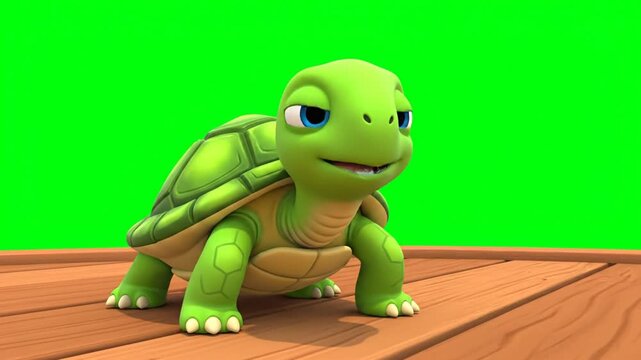 Animation of Cartoon Turtle Waking Up on Wooden Surface Isolated by Green Screen Background In a 3D Render Showing Cute Kawaii Design and Pastel Colors Perfect for Kids Education and Entertainment