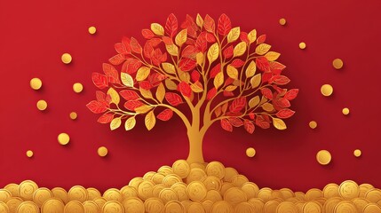 A vibrant illustration of a golden tree with red and yellow leaves, surrounded by gold coins against a bright red background, symbolizing prosperity and abundance.