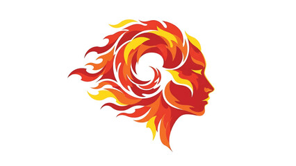 A profile portrait with hair stylized as flames, depicting a woman with fiery red, orange, and yellow hues. A conceptual design © Hitam