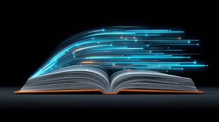 Book morphing into digital elements with blue light trails showcasing innovation and technology in knowledge transfer and modern reading experiences