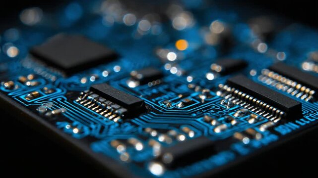 Circuit Board: Illuminated circuit board with microchips and electronic components, representing the core of modern technology, with vibrant blue light and intricate patterns