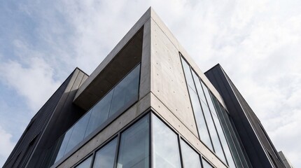 Modern concrete and glass building with sharp geometric angles against a cloudy sky.