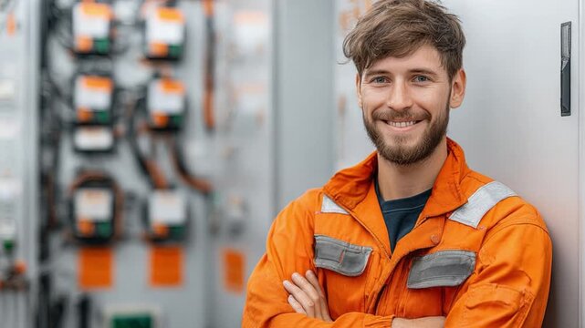 Smiling Technician with Expertise: A skilled technician stands confidently beside a control panel, his smile reflecting his technical proficiency and dedication. 