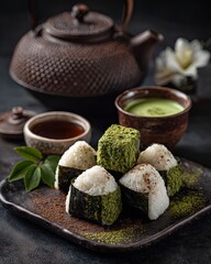 Japanese Onigiri Rice Balls with Matcha Powder, Nori Seaweed and Traditional Tea Set, Zen Style Japanese Cuisine on Dark Background