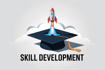 Graduation cap launching rocket symbolizing skill development and education